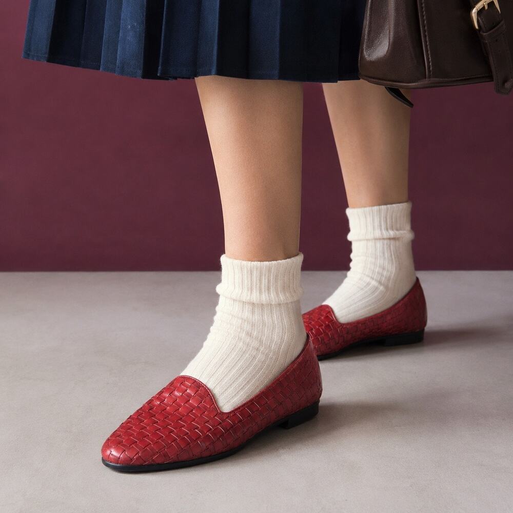 Trotters Cherry Red Basketweave Leather Loafers Retro Preppy Flats 8M